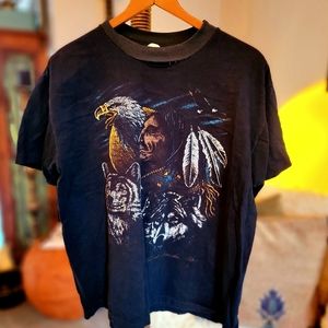 Vintage native shirt with sun eagle and wolves